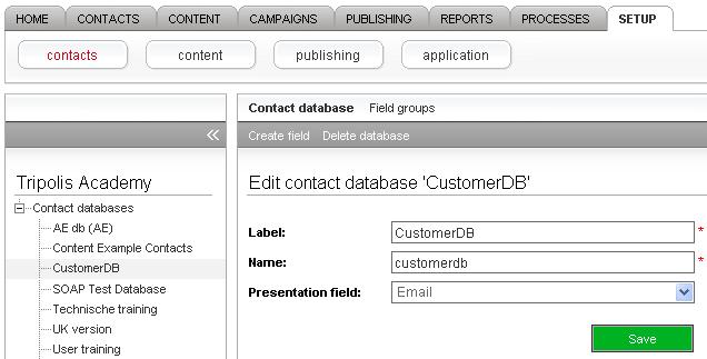 Edit Contact Database The Contact Database Starts with 1 field group. When you select another Kind of Field than General, the selected kind of field will be displayed in the contact module.