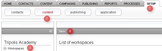 New Workspace A workspace is a virtual work environment for your content and Media repository. Content can be divided in SMS Direct mails Newsletters.