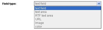 11. Select the Field type. - Text field - Text area - Rich Text field Area - URL - Image - Color 12. Select the order of the new article field. 13. Click Save.