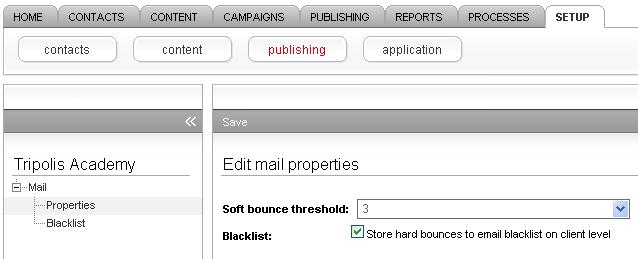 Bounce & Blacklist settings Bounced e-mail addresses will be stored on a blacklist. There are 2 types of blacklists. A Mail blacklist and a blacklist on client level.