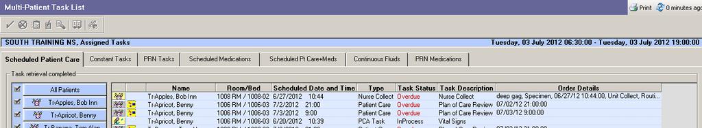 Multi-Patient Task List : Shows the task for each patient.