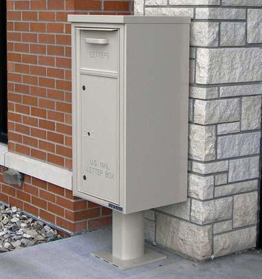 Matching aluminum pedestal provided with unit snaps on for convenient installation. www.mailboxdirects.
