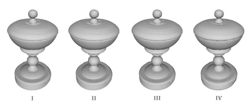 Figure 2. Symbolic cup model at different levels of detail with 739.363 (I), 339.363 (II), 89.363 (III), and 9.363 (IV) triangles.