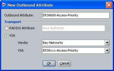 IDE Step 3 Via the Outbound Attribute window, type in a name for the attribute to be used for access priority (i.e. ERS8600-Access-Priority as used in this example), click the VSA radio button, select Bay-Networks via Vendor and ERS8xxx-Access-Priority via VSA.