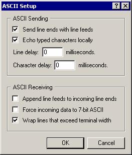 ASCII settings Click ASCII setup, set the values on the window that appears as shown on the diagram below, then click OK. The window in 6 above reappears. Click OK.