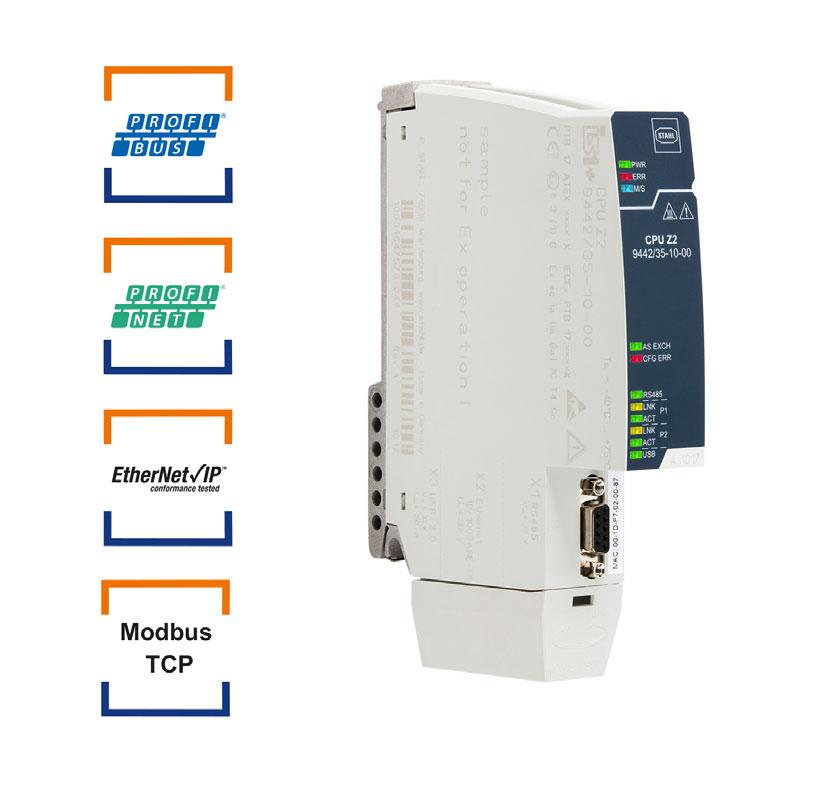 > Supports PROFIBUS DP, PROFINET, Modbus TCP and Ethernet/IP; incl. HART transmission > RS-485 (max. 12 Mbps) and Ethernet (max.