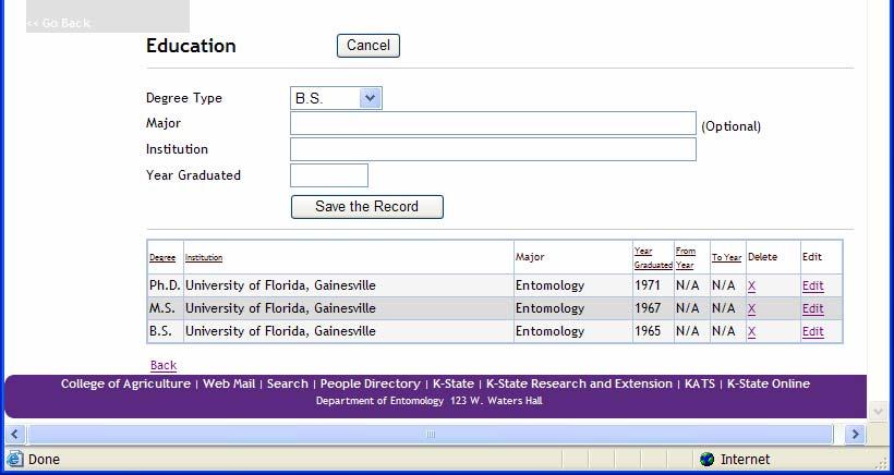 Select the Degree Type, Enter in the Major Enter the Institution name and location.