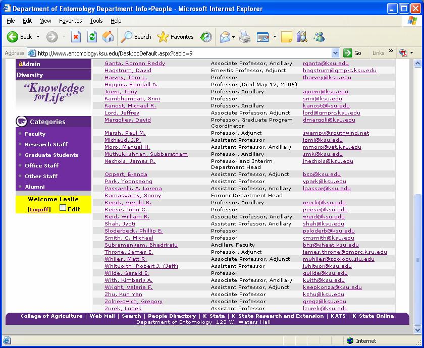 Editing your Personal Page Go to Department Info, then select People the listing of faculty comes up first.