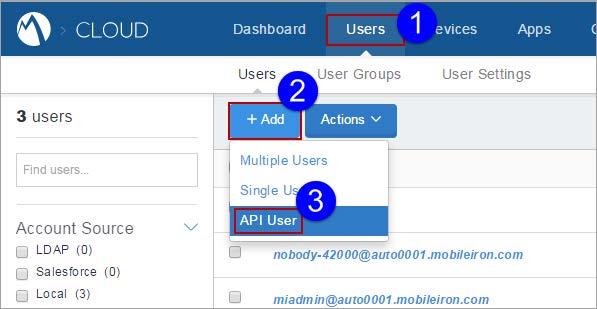 2. Click Add. 3. Select API User. 4. Complete the resultant form with the user's information: Email Address First Name Last Name The Username field displays the email address you entered.