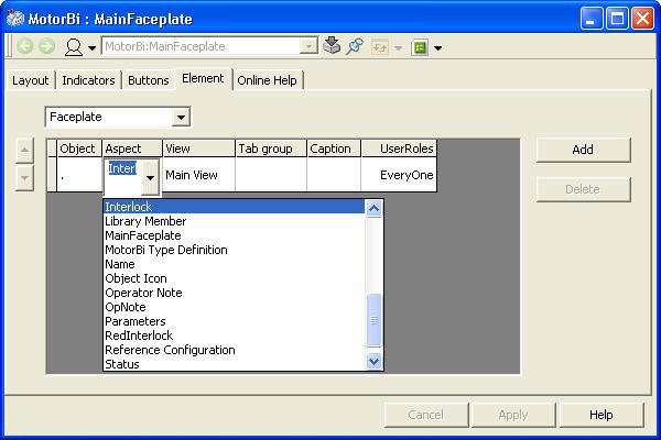 Elements Tab Section 4 Faceplate Framework By clicking in the Aspect column a drop down menu opens (see Figure 48).
