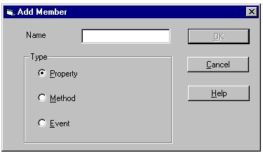 Appendix D Adding Members Add Member Window Add Member button Press Add Member to present the Add Member dialog box, where you enter a name and select the type (Property, Method or Event). Figure 137.