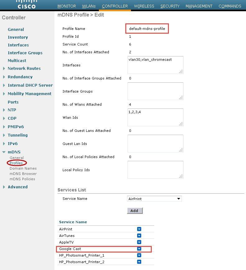Note If the requirement is to use only default services then assign the default-mdns-profile to that particular WLAN on which you want to enable mdns services.