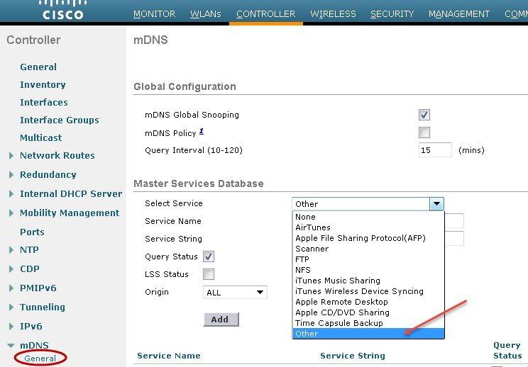 Step 2 To add mdns services to the master-service-list database, from the Select Service drop-down list that display all services, choose the desired option.
