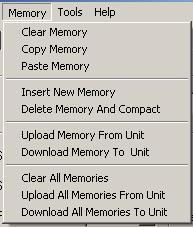 MEMORY Menu The MEMORY menu provides a comprehensive set of utilities for managing the 40 memory locations in the 1500CS when used with the MEMORY Tab.