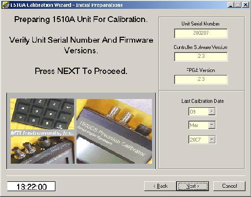 TOOLS Menu Calibration Wizard Continued The next step in the Calibration Wizard uploads the units serial number and