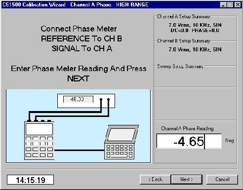 NOTE If you do not have access to a phase meter, verify that the value 3.57 degrees is in the reading window, and click the NEXT button.