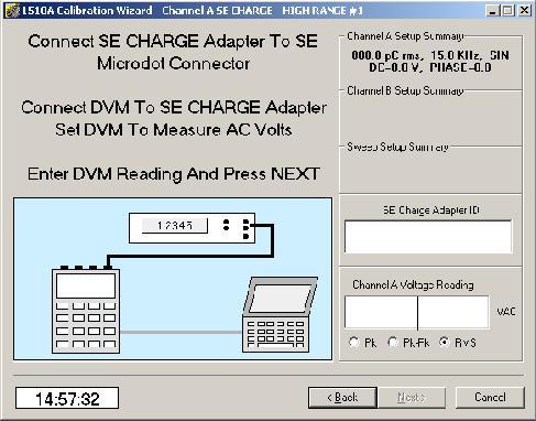 TOOLS Menu Calibration Wizard Continued Mid Range Single Ended charge calibration Click in the SE Charge Adapter ID window and enter the ID number of the cable.