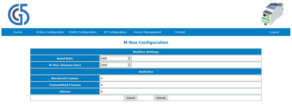 4.3 M-Bus Configuration page This page allows to enter configuration parameters and show information of M-Bus interface.