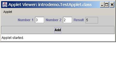 3. Design and create GUI applications (10 pts) Write a Java applet to add two numbers from text fields, and displays the result in a
