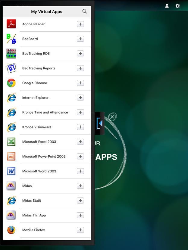 The Menu Bar Displays with a list of apps. Tap the Apps you would like to appear on your Citrix Receiver Desktop.