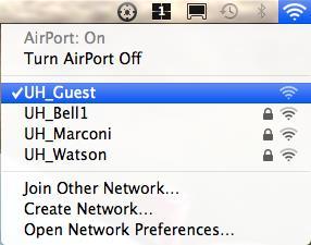 MAC: MacBook or Mac Desktop Click the AirPort icon to open the AirPort menu. Select the UH_Guest Network from the list of Network Names by clicking it. The Log In window displays.