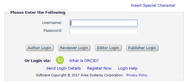 Single Sign-on via ORCID Users can be given the option to log in to Editorial Manager via the ORCID site, thereby using their ORCID username and password instead of their EM Password Clicking the