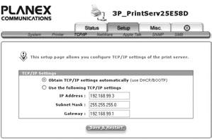 TCP/IP Setup 1. Click Setup, it then appears the sub-menu. 2. Click TCP/IP, it then as shown in the following picture.
