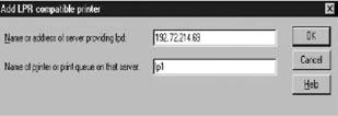 Type in the IP address assigned to the print server in the Name or address of server providing lpd box. 7.