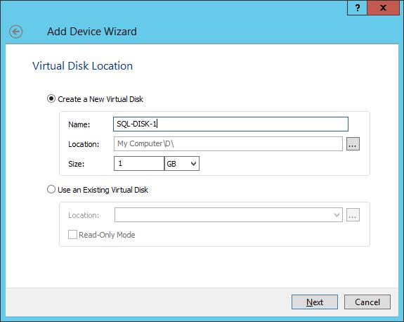 Select Virtual Disk as a disk device type and click Next.