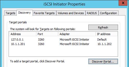 SQLNODE1 should be connected to both iscsi Targets via the following target portals.