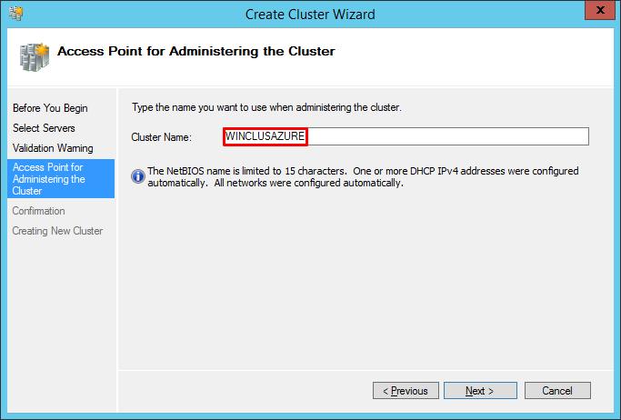 In the Access Point for Administering the Cluster dialog box, enter the WSFC virtual host name/client access point that will be used to administer the cluster.