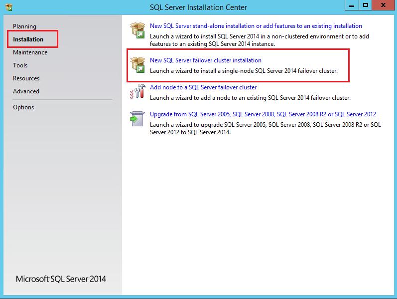 Installing SQL Server 2014 on a Failover Cluster This part describes how to install an SQL Server 2014 Failover Cluster default instance on Windows Server Failover Cluster in Microsoft Windows Server