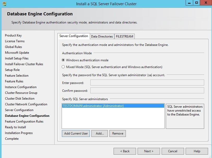 In the Database Engine Configuration dialog box, select the appropriate Authentication Mode in the Server Configuration tab.