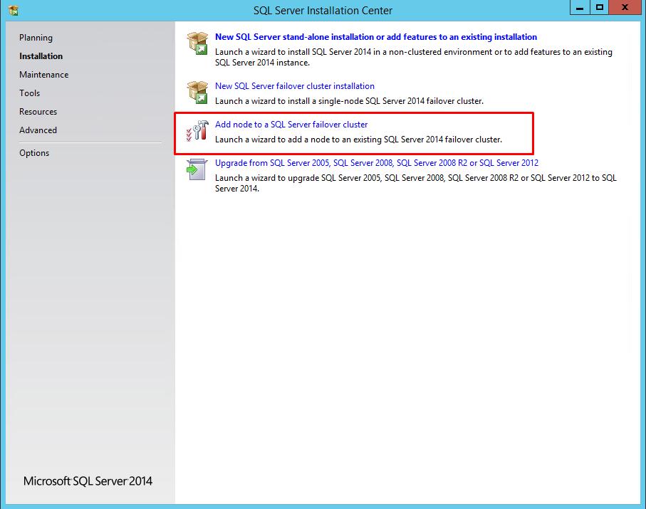 Adding Node to SQL Server 2014 Failover Cluster This part describes how to add a node to the SQL Server 2014 Failover Cluster default instance on Windows Server Failover Cluster.