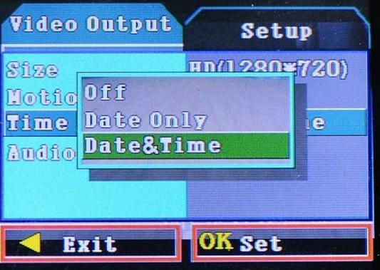 Time stamp: Off / Date Only / Date and Time When you select "Off", the video file does not display the