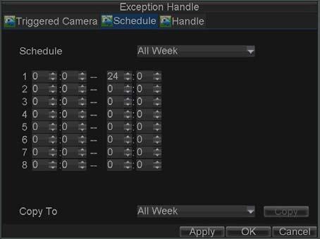 9. Select cameras to trigger for recording when motion is detected by checking the checkboxes under the desired cameras. 10. Select the Schedule tab.