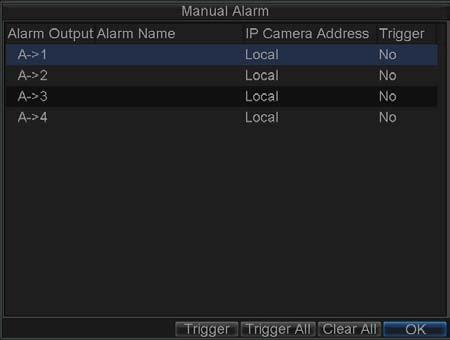 Manual Alarm Triggering You may also trigger alarm outputs manually through the Manual Alarm menu. To trigger alarm outputs manually: 1.