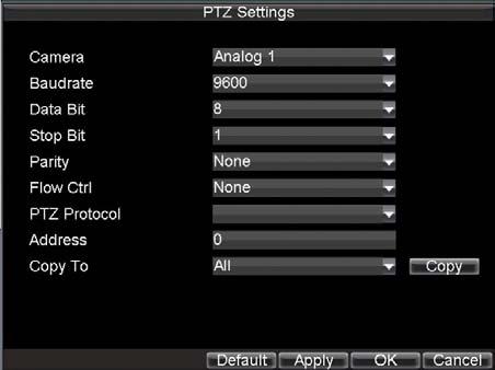 Figure 2. PTZ Settings Menu 2. Select channel where PTZ camera is installed next to Camera label. 3.
