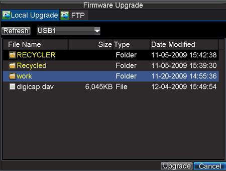 Figure 11. Firmware Update Menu 3. Select the Local Upgrade tab. 4. Select the firmware on the USB device. 5. Select Upgrade to begin the update process. 6.