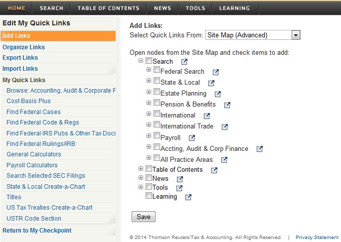 Click Organize Links to customize your Quick Links from the Organize Quick Link Display screen.