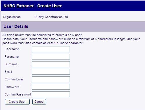 Creating a user To create a new user, select the Create User button, on the User Administration screen.