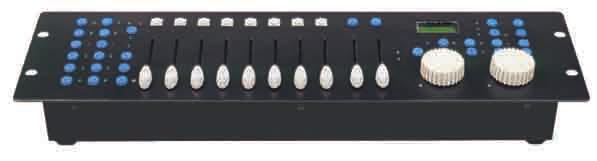 DMX Controller SRC-17R 12 fixture buttons with 16 channels each 30 banks of 8 programmable scenes 6 programmable chases of 20 scenes each 8 sliders for manual control of channels 2 assignable fine