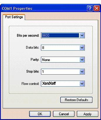5. Select the 9600 option from the Bits per second drop-down list. 6. Select the Xon/Xoff option from the Flow control drop-down list, and then click OK.