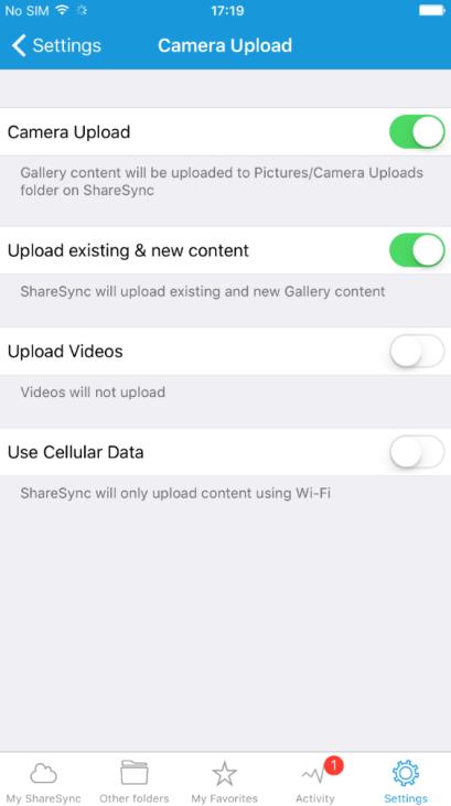 Configuration options: Camera Upload o Off, Only new, All What to Upload o Photos, Photos & Videos, Videos How to