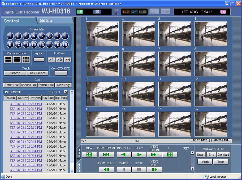 Display images from cameras on a multi-screen Displays images on the 4-split screen, 9-split screen or 16-split screen (only for the WJ-HD316). Screenshot 1 Start operation from the top page.