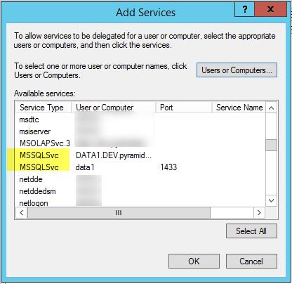 5. Next, click the ADD button. In the pop-up, click the Users or Computers button, and find the machine hosting your database server. Click Ok and you will see a listing of available services. 6.