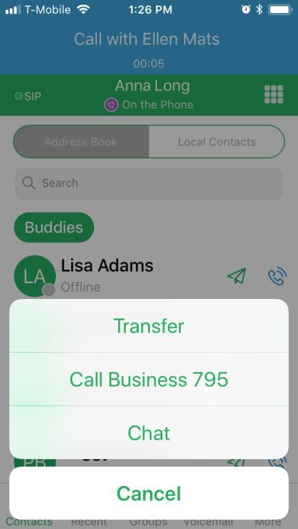 Alternatively, you can make a transfer to a buddy, another user on the MX, or a number from your Call Log.