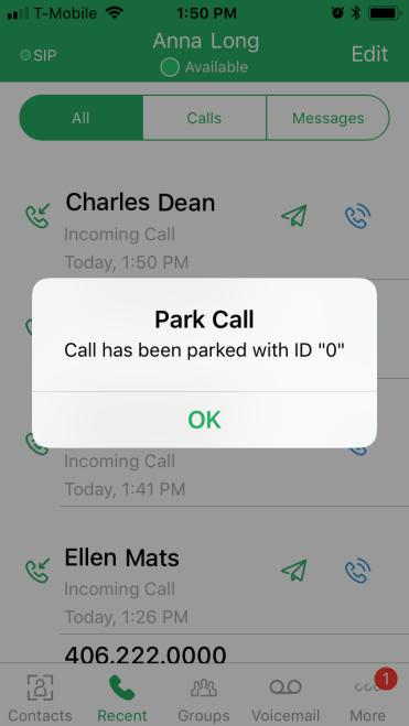 3. Tap the Transfer button in the softphone screen. Select the Active call at the top. 9.4.5 Park To park a call, tap the Park button in the softphone screen.