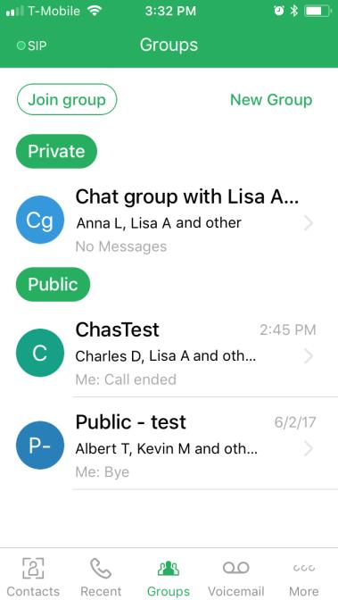 12 Groups On this screen, you can view Group Chat/Team Messaging feature. To access the Groups menu, tap on the Group icon on the bottom bar. Note: The MX system must be running 12.0.