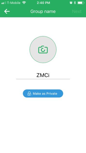 To create a new group, tap New Group. 1. Type the name of the group 2. You can toggle whether the group is Private or Public. 3. Click Next to proceed to member selection. 4.